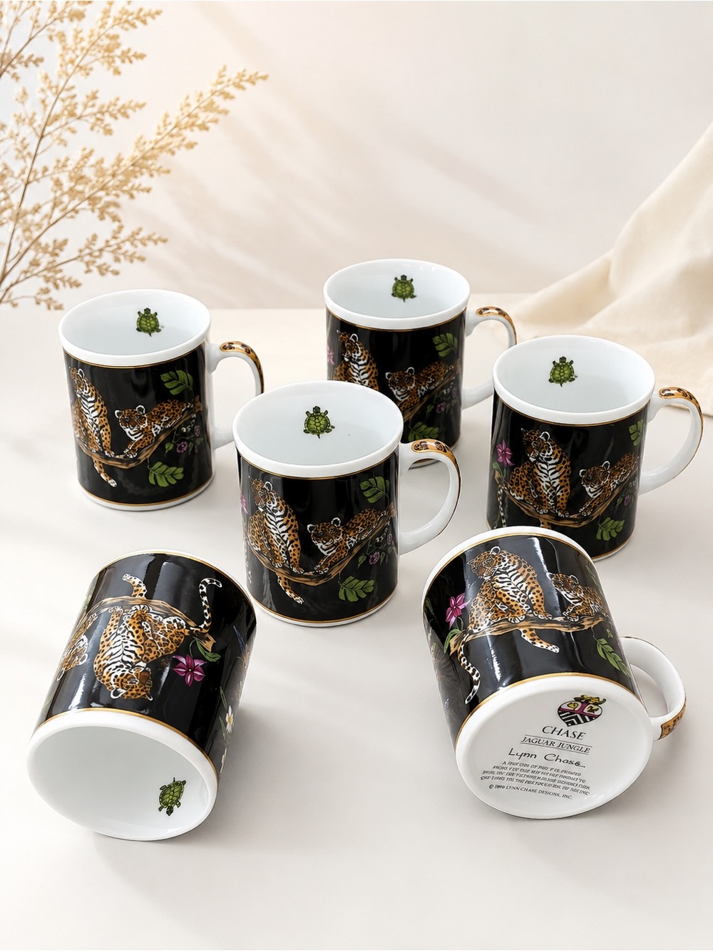 Lynn Chase “Jaguar Jungle” Porcelain Mugs – Set of 6 – Brand New